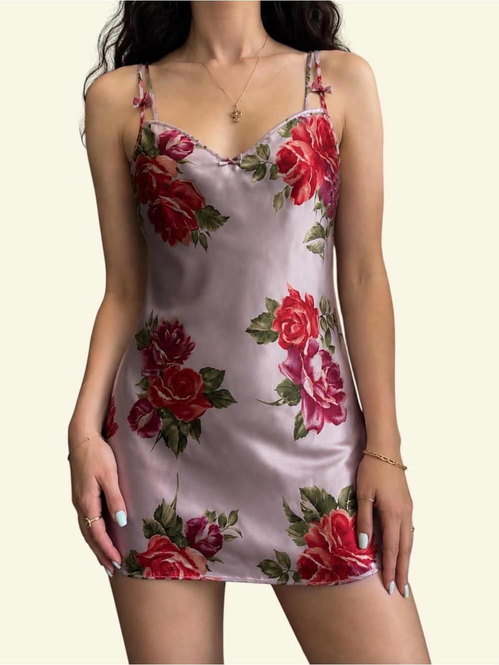 VTG 90s California Dynasty Liquid Satin Slip Dress M Rose Floral Coquette Mini
